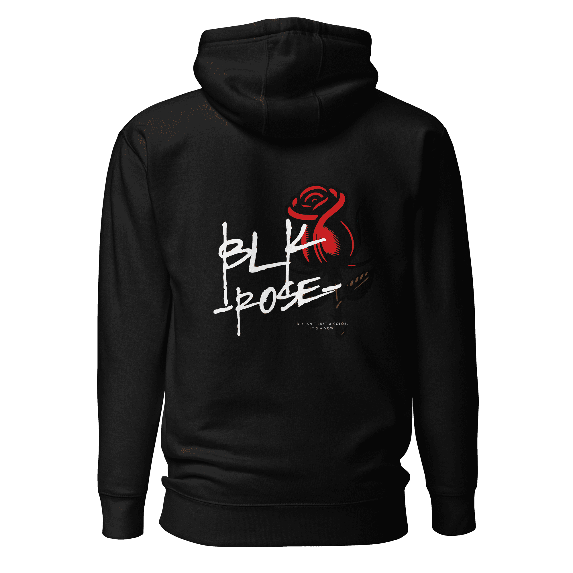 BLK ROSE black hoodie with white logo (front and back)