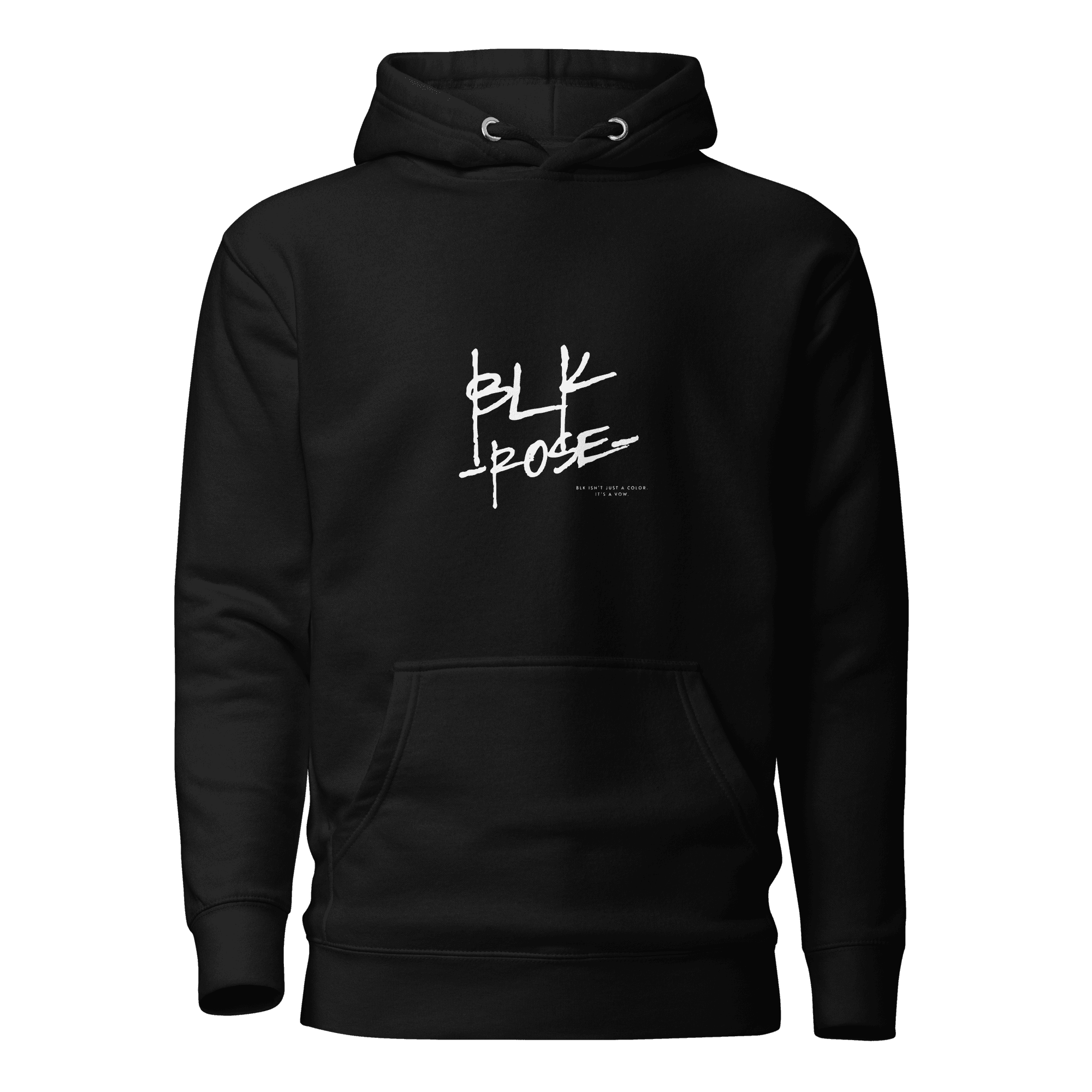 BLK ROSE black hoodie with white logo (front and back)