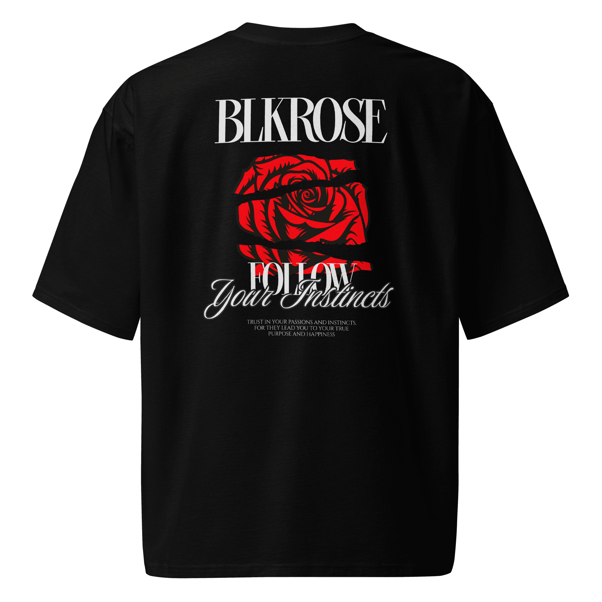 BLKROSE black tee with white logo and red rose (front and back)