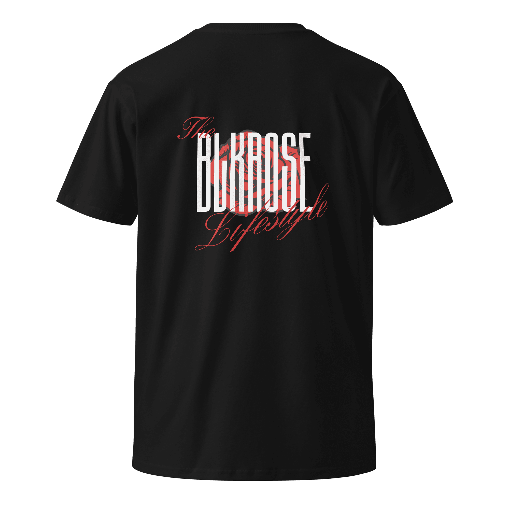 BLKROSE black tee with red and white logo (front and back)