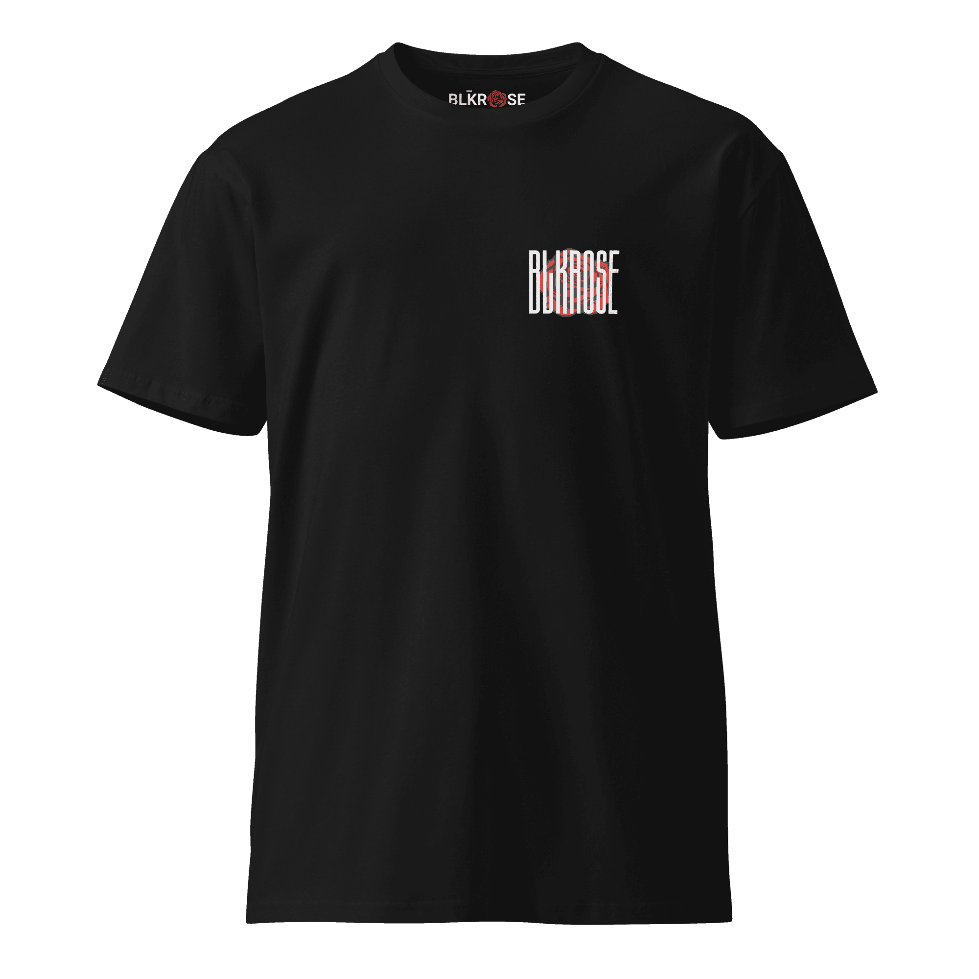 BLKROSE black tee with red and white logo (front and back)